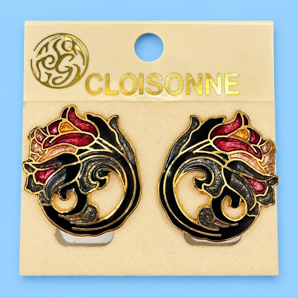 Vintage Cloisonne Enamel Clip On Earrings Black Red Gold Floral 1.25" -3579